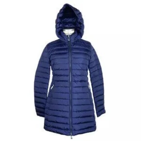 Add Elegant Blue Down Puffer Jacket with Hood - Picture 1 of 2